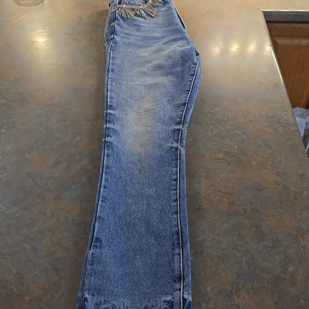 Blank NYC Blue Straight Leg Jeans with Rhinestone Fringe Size Waist 27x32